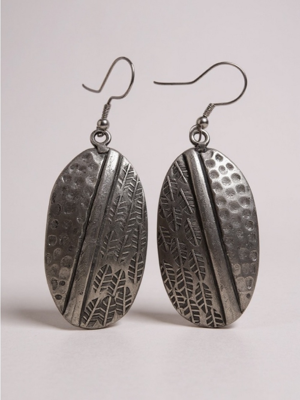 “Boho Textured Silver Oval Dangle Earrings Rustic Artisan Statement Jewelry”